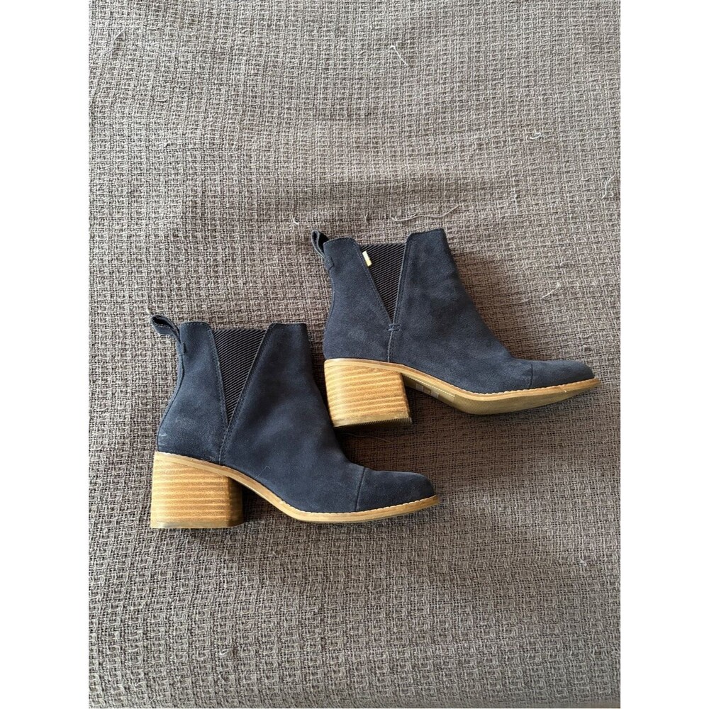 Toms Esme Classic Navy Suede Ankle Boots with Stacked Block Heel Chelsea Boot
